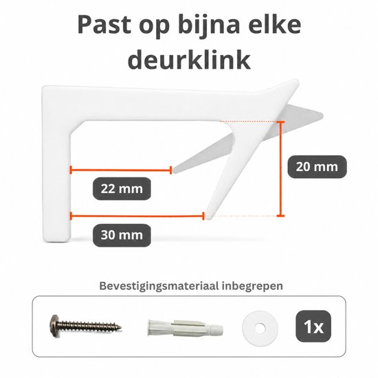 Afmetingen van de witte deurklinkhouder: 22mm, 30mm, 20mm. Bevestigingsmateriaal inbegrepen.