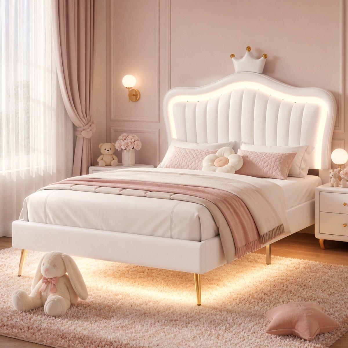 HAUSS SPOLE Kinderbed 90x200 cm - Gestoffeerd Bed Met Ledverlichting en Verstelbaar Hoofdbord - Zonder Matras - Kunstleer - Wit