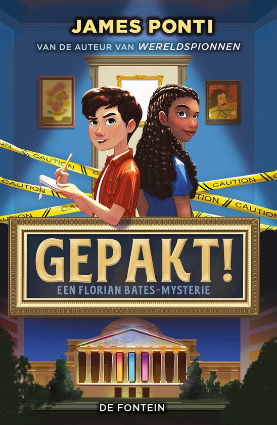 Boekcover: Twee kinderen, een jongen en een meisje, staan achter een geel met zwart "CAUTION" lint. De titel "GEPAKT!" is groot weergegeven.