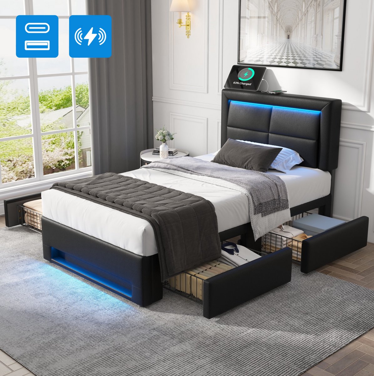MIVRAY Gestoffeerd Bed 90x200 cm - Eenpersoonsbed Zonder Matras met USB Opladen en LED-Verlichting - 4 Laden en Lattenbodem - Kunstleer - Zwart