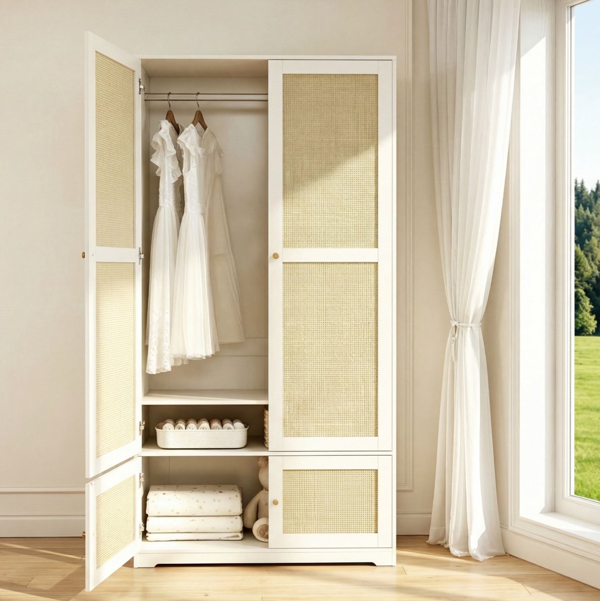 MEUNIQ Kledingkast 90 x 48 x 180 cm met 2 deuren, kledingstang en legplanken, witte kast met rattan look deuren van MDF voor slaapkamer