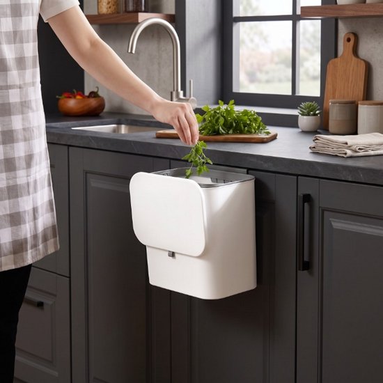 INDECOR Multifunctionele Prullenbak 15L – Aanrecht / Bureau – Met Schuifdeksel - Ophangbaar met Plakstrip - Wit & Zwart