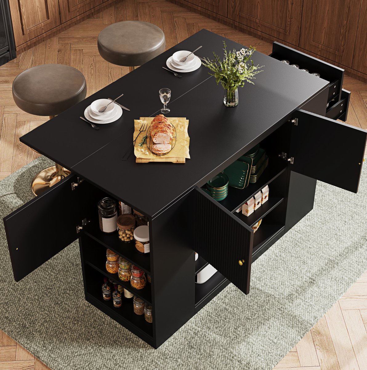 MEUNIQ keukeneiland 140 x 40 x 90 cm met uitklapbaar tafelblad, 2 deuren, lades en legplanken, keukenkast en opbergkast voor keuken en eetkamer, zwart