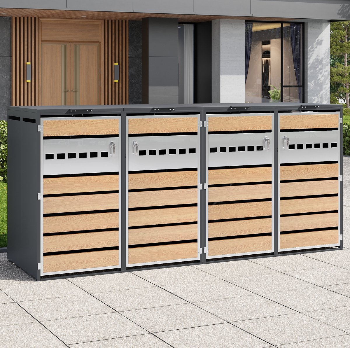 MEUNIQ containerberging 4-vaks met klapdeksels en afsluitbare deuren, geventileerde afvalberging van verzinkt staal in grijs en houtkleur voor tuin en erf