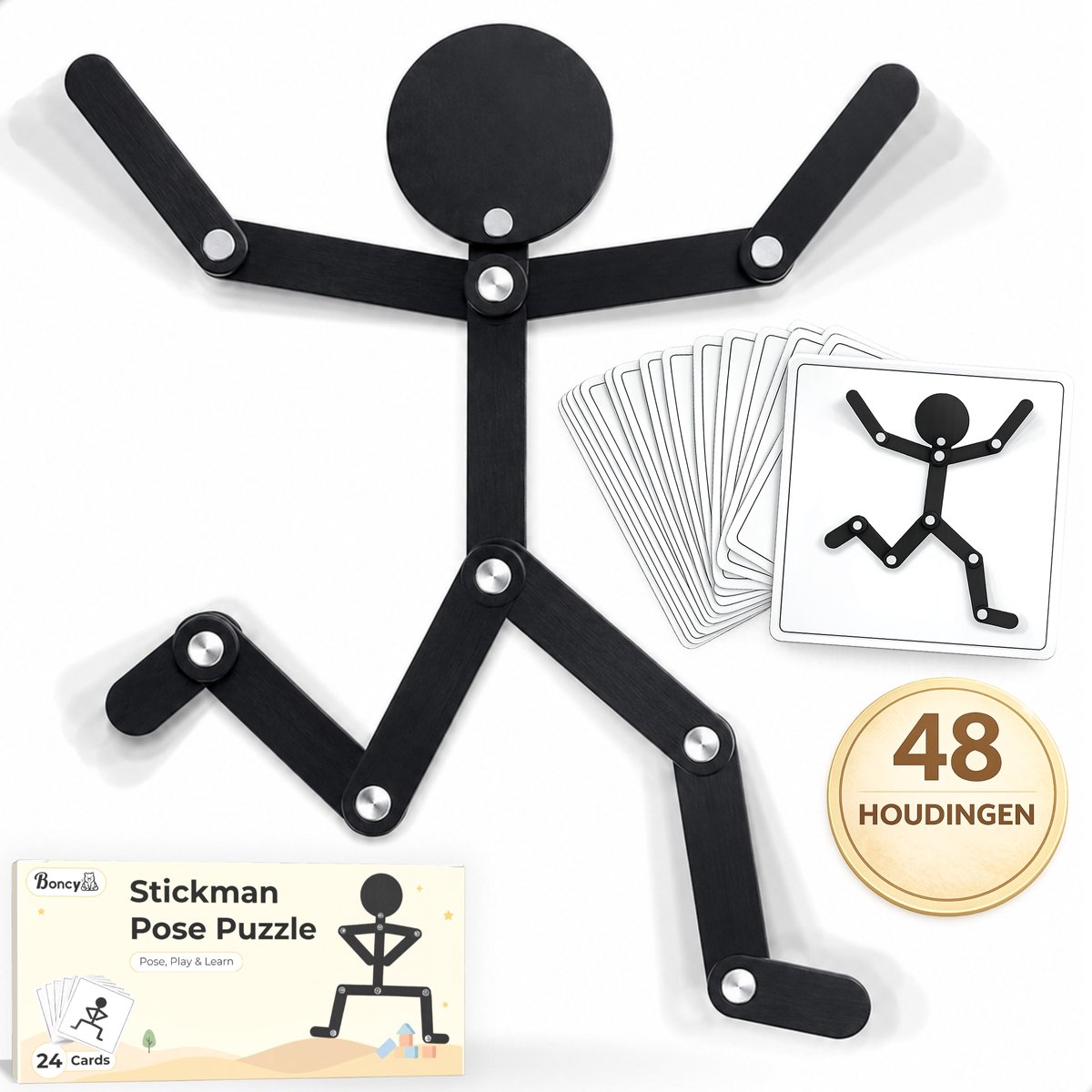 Boncy® Stickman Poseer Puzzel - Sensorisch Montessori Speelgoed Puzzels - Educatief Spelend Leren Kinderen - Creativiteit Interactief Educatieve Spellen - Voor 3 4 5 6 7 8 Jaar - Fijne Motoriek - 24 Dubbelzijdige Kaarten met 48 Posities