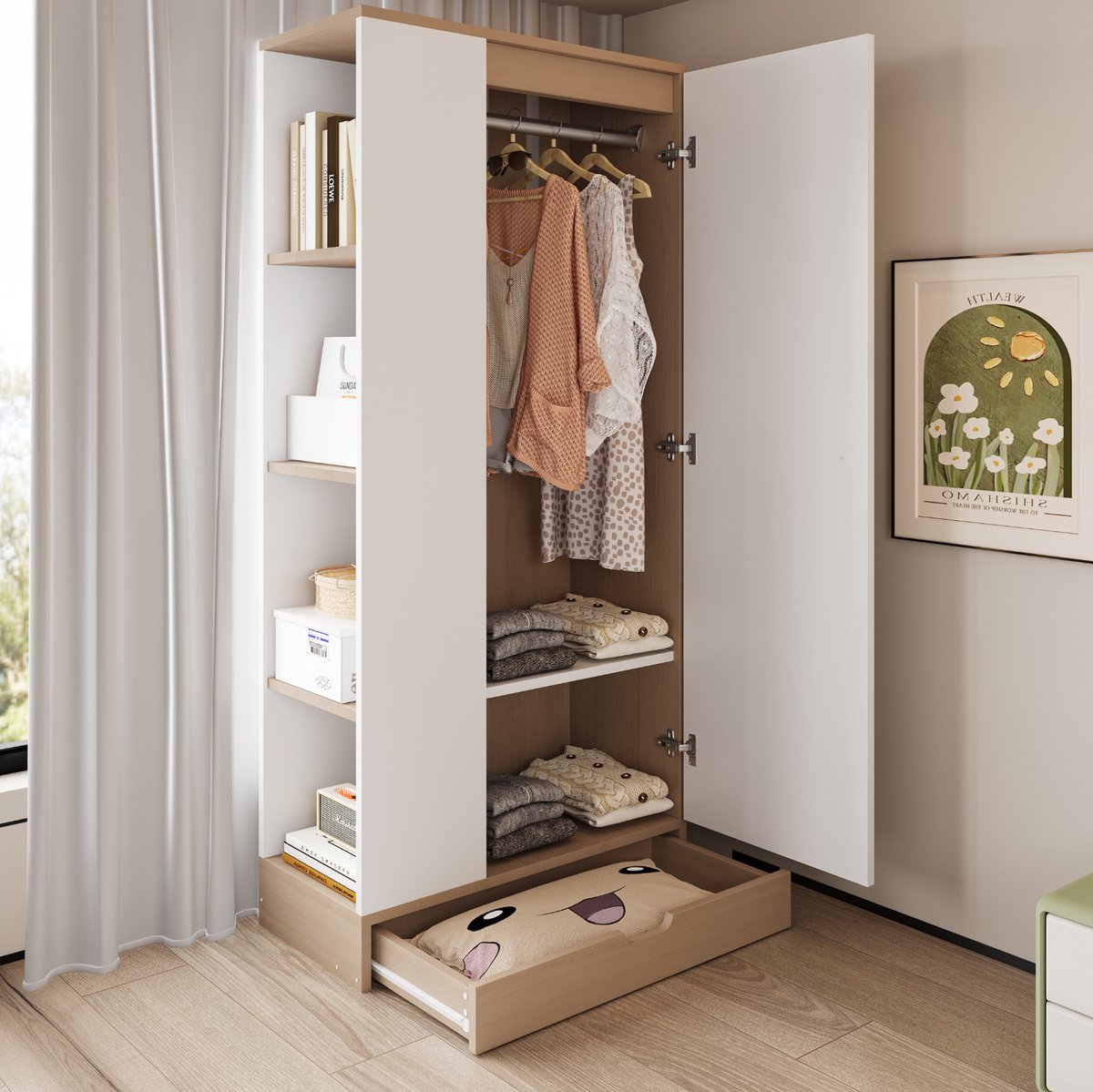 MEUNIQ kledingkast 70 x 40 x 170 cm met deur, open zijrek, legplanken, lade en hangruimte voor slaapkamer, woonkamer of werkkamer in naturel en wit