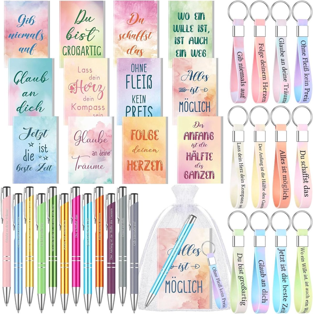 Inspirerende Cadeauset met Motivational Notitieboek, Ballpoint Pen en Siliconen Sleutelhanger voor School, Kantoor en Feestjes