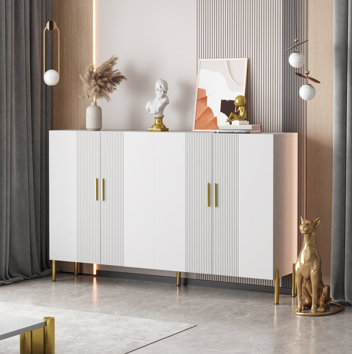 MEUNIQ dressoir 160 x 35 x 100 cm met 4 deuren en verstelbare planken, multifunctionele opbergkast voor woonkamer, eetkamer of hal, wit met gouden details