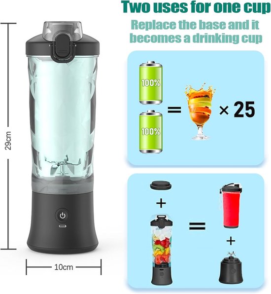 Draagbare Mixer - Smoothie Maker - Gezonde Drankjes Maken - 6 RVS Messen - 600 ml - Zwart — afbeelding 2