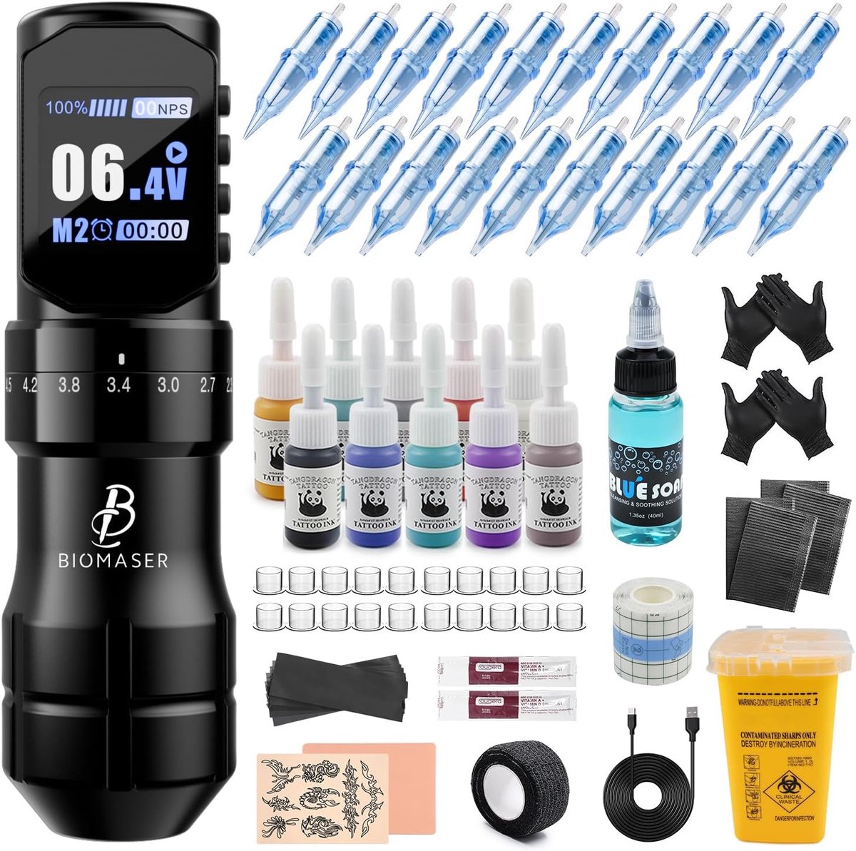 Draadloze tattoo pen - Rotary tattoo machine met OLED-display - 2200mAh accu - 20 cartridges & oefenhuid - Instelbare slag 2,3-4,5 mm