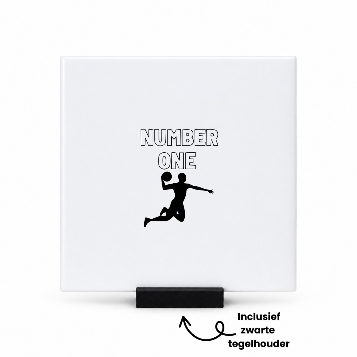 Hacebo Eerste plaats tegeltje met tegelhouder - Handbal - familie vrienden sporters - tegeltjes met tekst - cadeau - spreuktegels - 10.8x10.8 CM Wit