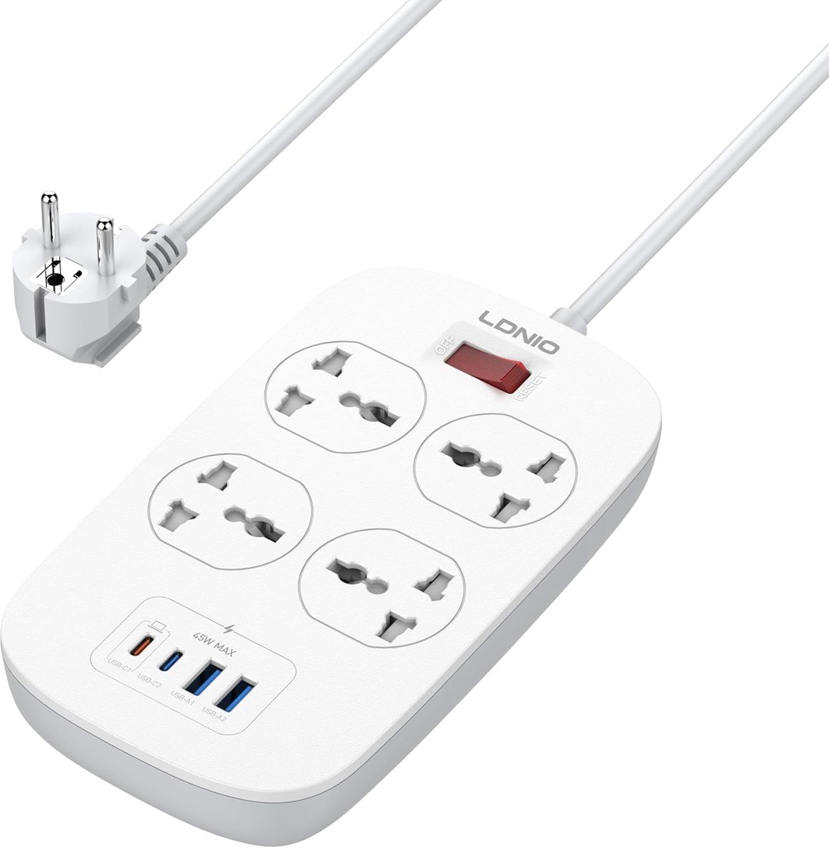 SnelShoppen - Power Strip met 4 AC Sockets & 4 USB Poorten, 2500W/10A Wandplug met 6.6ft Verlengsnoer voor Thuis, Kantoor, Studentenruimte, EU/UK/US/A