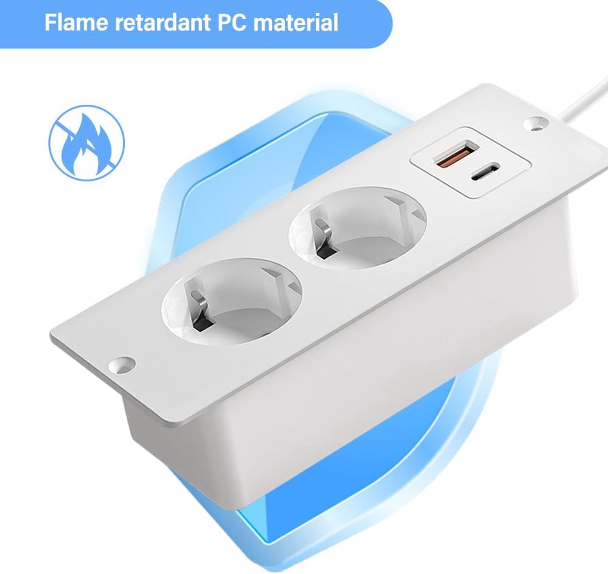 Thijox - Stekkerdoos met USB, 4-in-1 bureau stekkerdoos, inbouwstopcontact met 2 m kabel, overspanningsbeveiliging, vuurvast, wit, voor kantoor en thu