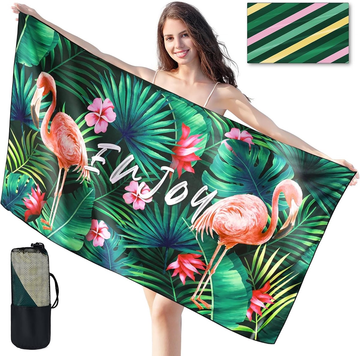 SnelShoppen - Sneldrogende Microvezel Strandhanddoek 180 x 90 cm, Lichtgewicht en Dun, Zandvrij Flamingo, Ideaal voor Strand, Zwembad en Gym