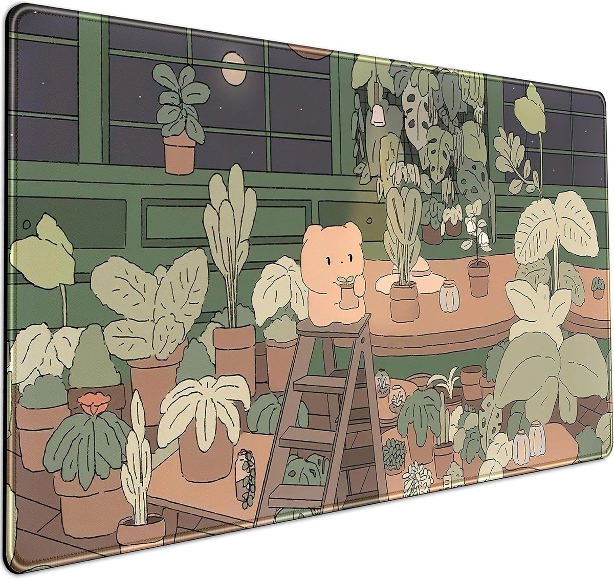 SnelShoppen - Cute Desk Mat XXL - Kawaii Bear Mouse Pad - Schattige Anime Plant Desk Protector - Bruin en Groen Forest Keyboard Mat - Groot Gaming en