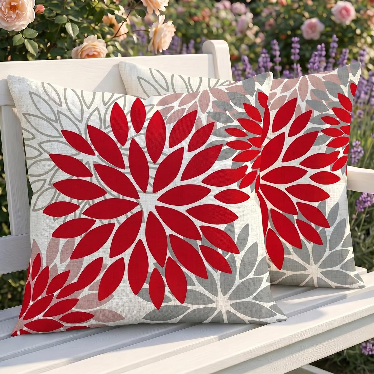 SnelShoppen - Set van 2 Weerbestendige Buiten Kussenhoezen 50 x 50 cm, Dubbelzijdig Dahlia Motief, Rood/Grey Bloemen, Decoratieve Kussens voor Tuin, B