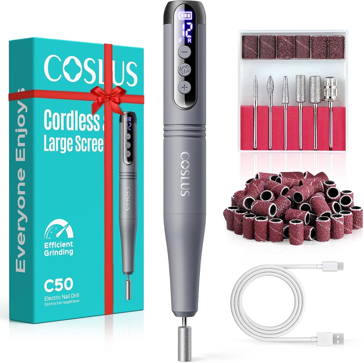 SnelShoppen - Draadloze Elektrische Nagelfrees - COSLUS C50 12-Snelheden Nagelvijl met LED Display voor Gel, Acryl, Dip Powder & Nagelontwerp - Donker