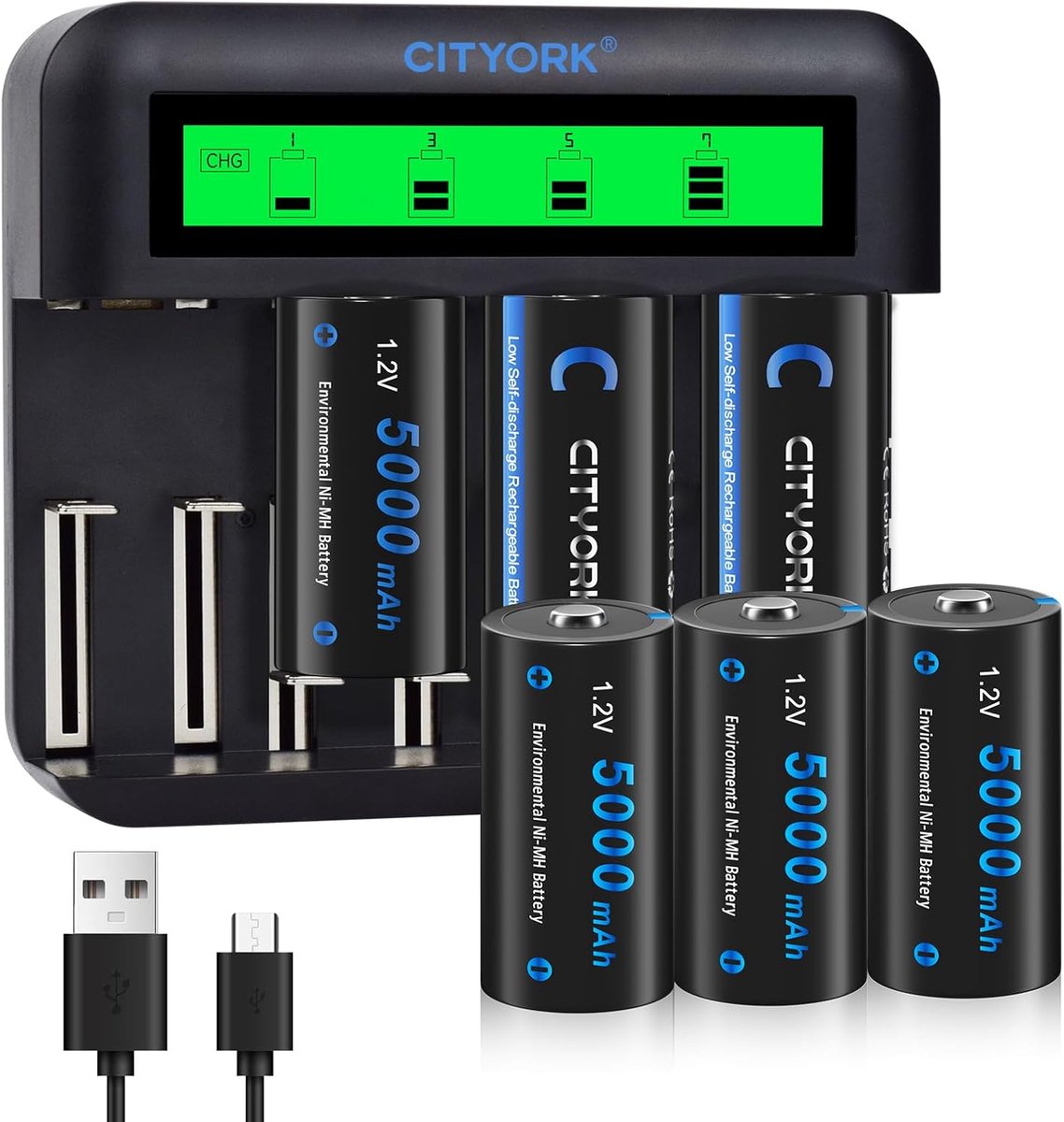 SnelShoppen - Oplaadbare Batterij Lader met 8 Slots voor AA AAA C D Ni-MH Batterijen - Inclusief 6 Baby C Batterijen - 5000mAh USB-C