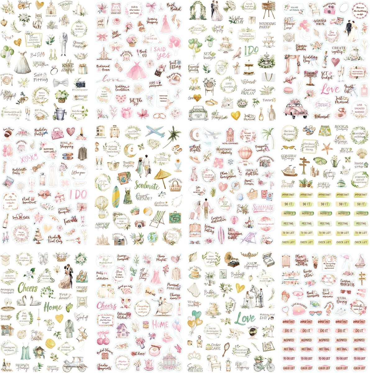 SnelShoppen - 12 Bladen Bruiloft Stickers Gastenboek, Roze Groene Scrapbook Stickers, Just Married, Hen Party, Fotoalbum, Bullet Journal Versieringen