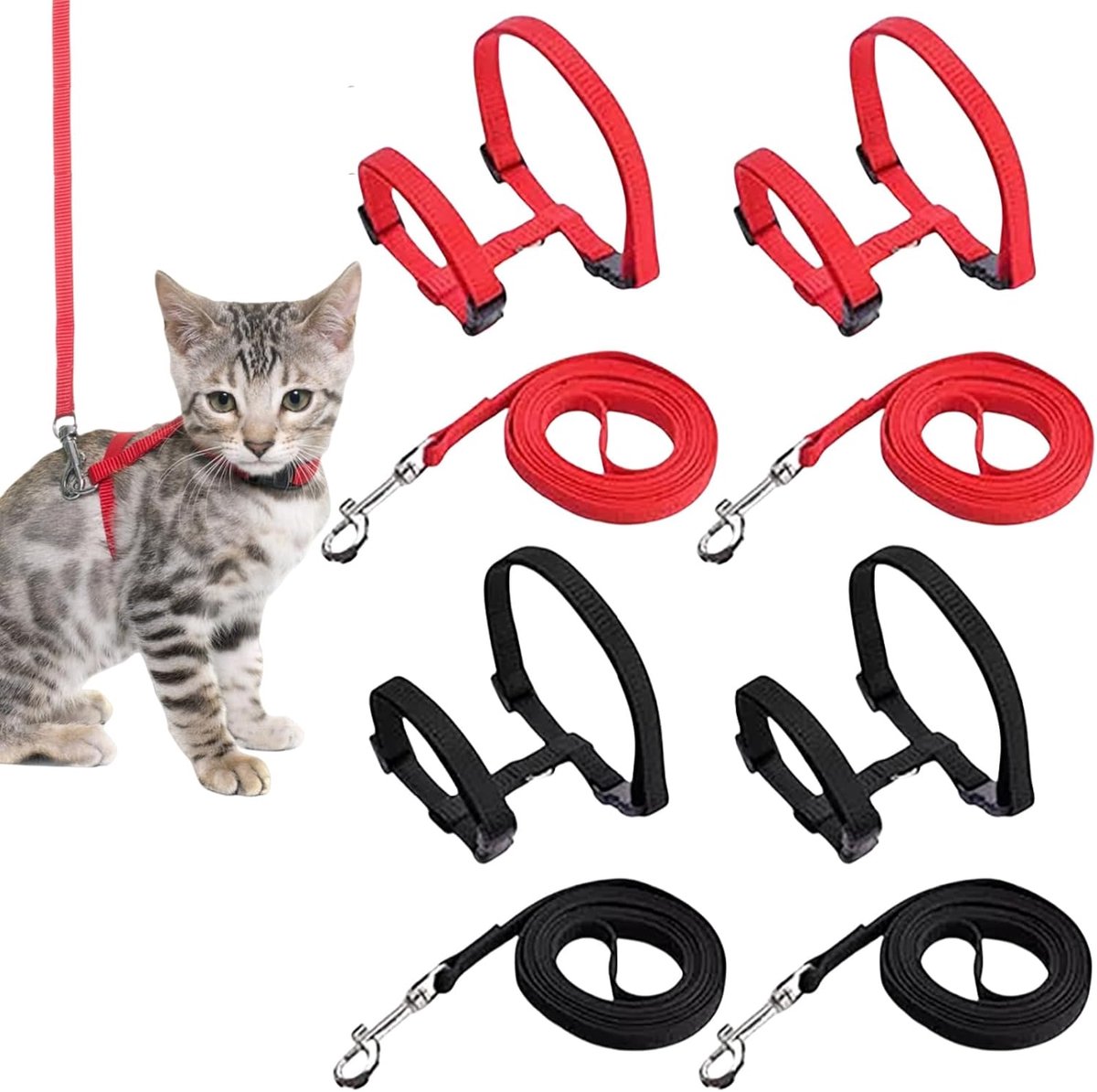SnelShoppen - Cat Harness en Leash Set - 4 Delige Verstelbare Cat Harness voor Kittens en Puppies - Levensbestendig Nylon - Zwart en Rood - Ideaal voo