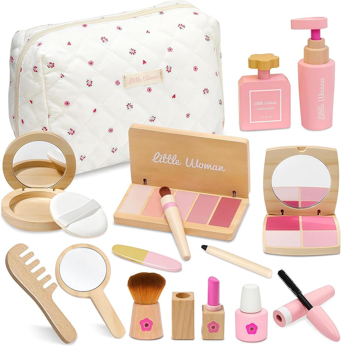 SnelShoppen - Houten Make-up Set voor Meisjes - Rollenspel Speelgoed - Cosmetica Set met Tas en Accessoires - Veilig Hout - Verjaardag en Kerstcadeau