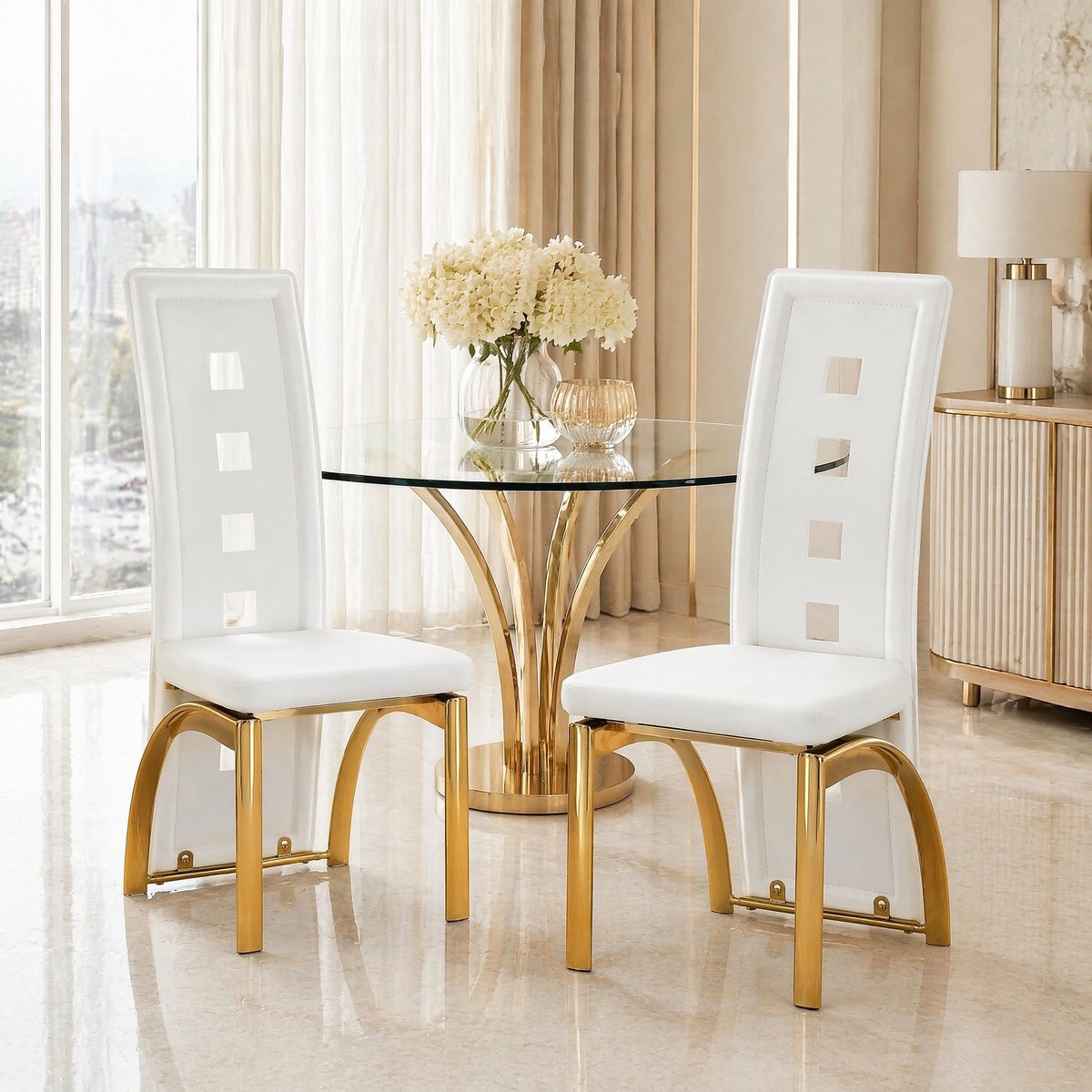 COVREO Eetkamerstoel set van 2 41 x 49 x 102,5 cm - wit en goud, kunstleer, metalen poten