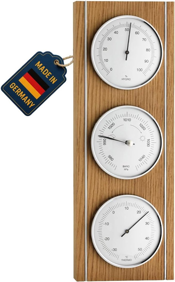 SnelShoppen - Analog Binnen Weerstation met Barometer, Thermometer en Hygrometer voor Binnenklimaat Monitoring, Eikenhout, Modern Design