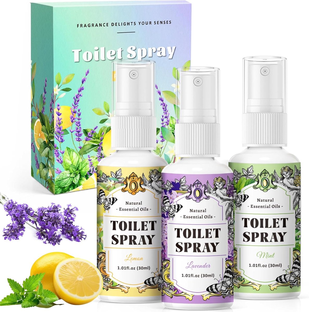 SnelShoppen - Luchtverfrisser Toilet en Badkamer - 3x30ml Geur Munt, Citroen, Lavendel - Frisse Wc-Geurtjes voor Thuis, Verfrissing voor Badkamer en T