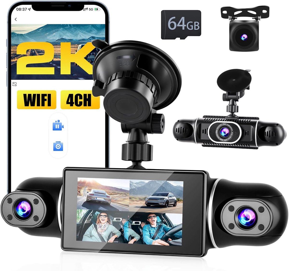 SnelShoppen - Inefala 2K WiFi Dashcam 4-kanaals Autocamera met 360 Graden Beeld, 64GB Kaart, G-sensor, WDR, Nachtzicht, Parkeermonitor en Loop-opname