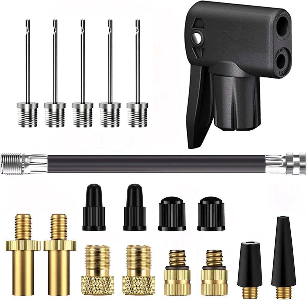 SnelShoppen - Fietspomp Adapter voor Presta en Schrader Ventielen - Dual Valve Converter met Ventieldoppen, Luchtpomp Inflatorkop, Verlengslang en Bal