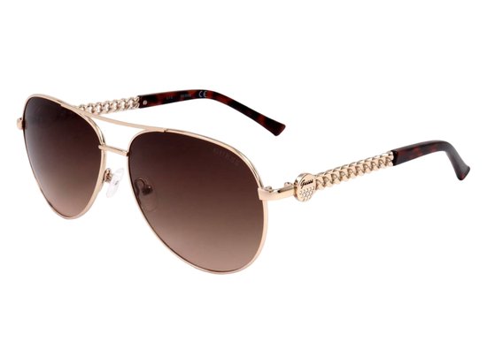 Lunettes de soleil aviateur dorées avec verres marron et détails dorés tressés sur les branches.