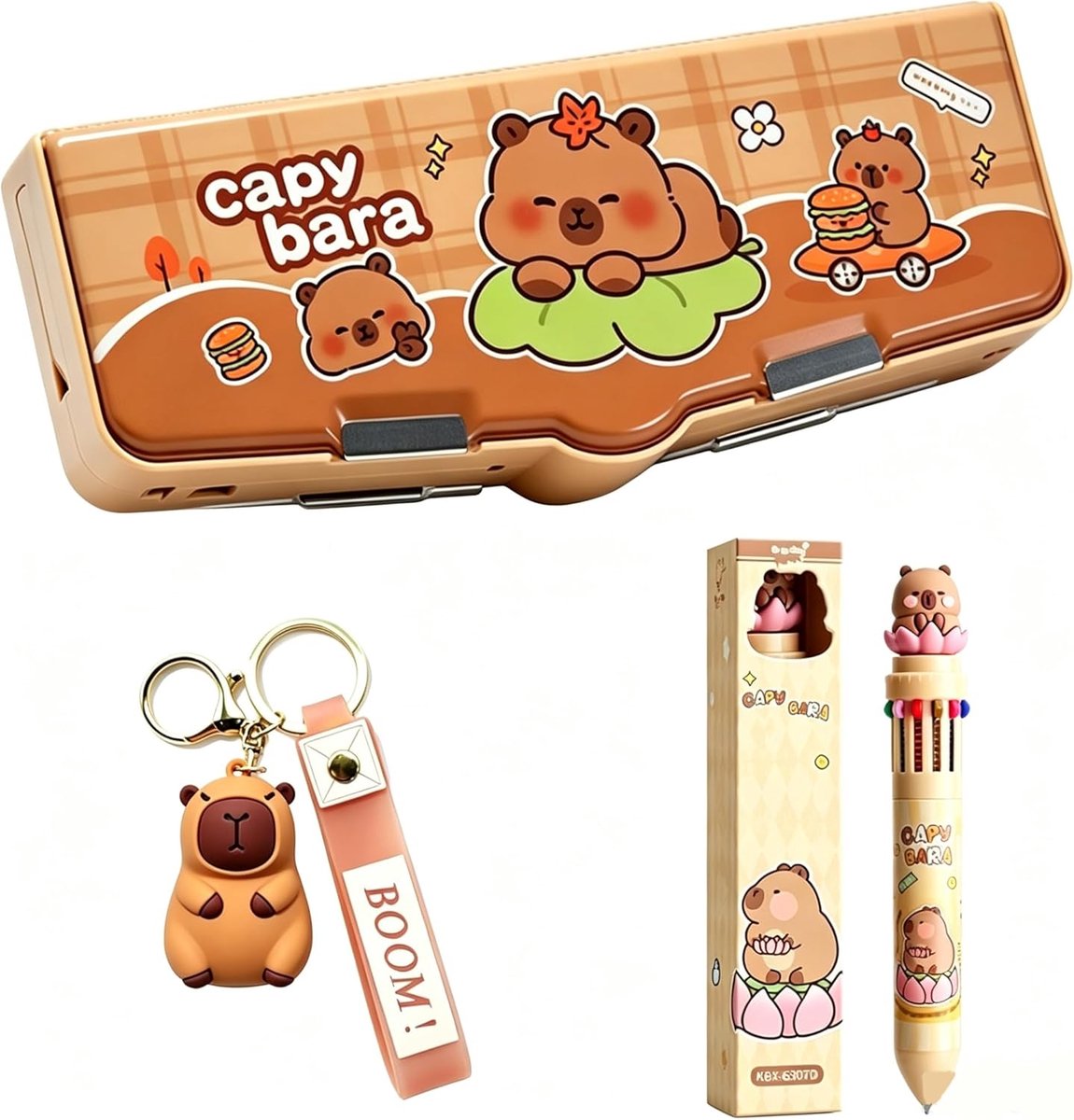SnelShoppen - Capybara Etui met Cijferslot, 12-Kleuren Pen en Sleutelhanger - Schattige Pencil Case voor School, Kawaii Schoolspullen Cadeau Set voor