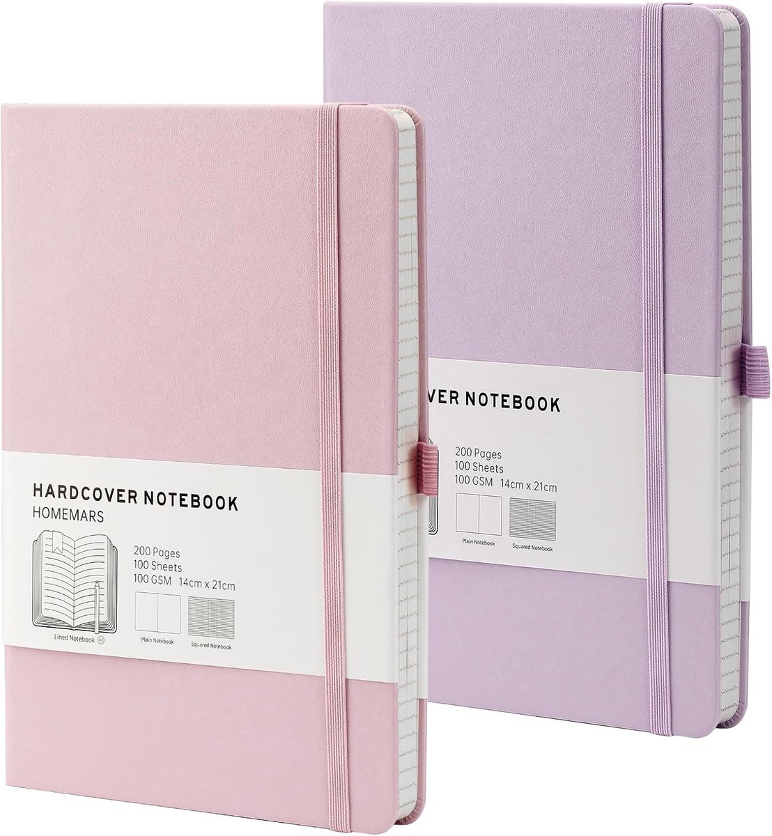 SnelShoppen - Notitieboek A5, Witte Pagina's, 200 Bladzijden, 100 g/m², Roze-Paars, Schetsboek, Notitieblok, Reisnotitieboek, Met Penhouder, 2 Stuks