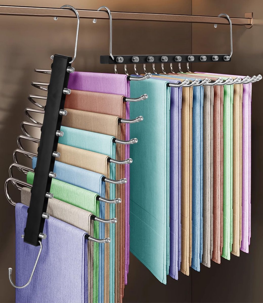 SnelShoppen - 2 stuks 9-in-1 roestvrijstalen opvouwbare broekhanger met slipbescherming, ruimtebesparend voor broeken, jeans, sjaals en kleding