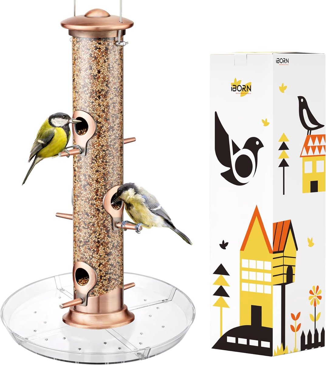 SnelShoppen - Vogelvoederhuis 6-poorts voor Kardinaalvogels, Aluminium met Geborsteld Koper, 35 cm, Hangend Zaadvanger voor Tuin en Buiten