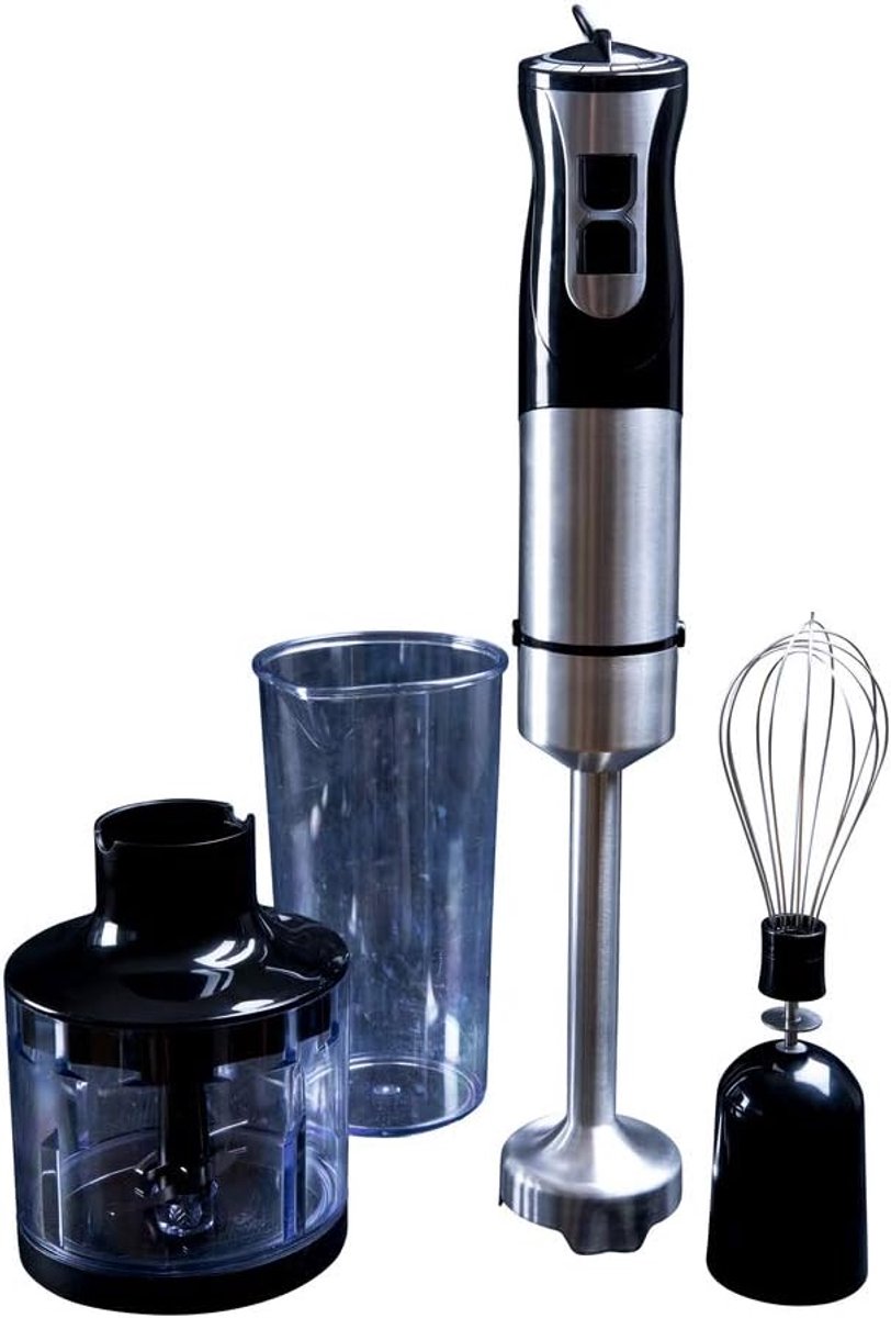 SnelShoppen - 1000 Watt Hand Blender Set 3-in-1 voor Soepen en Sauzen - RVS, 2 Snelheden, Inclusief Hakker en Garde - Efficiënt en Makkelijk Schoon te