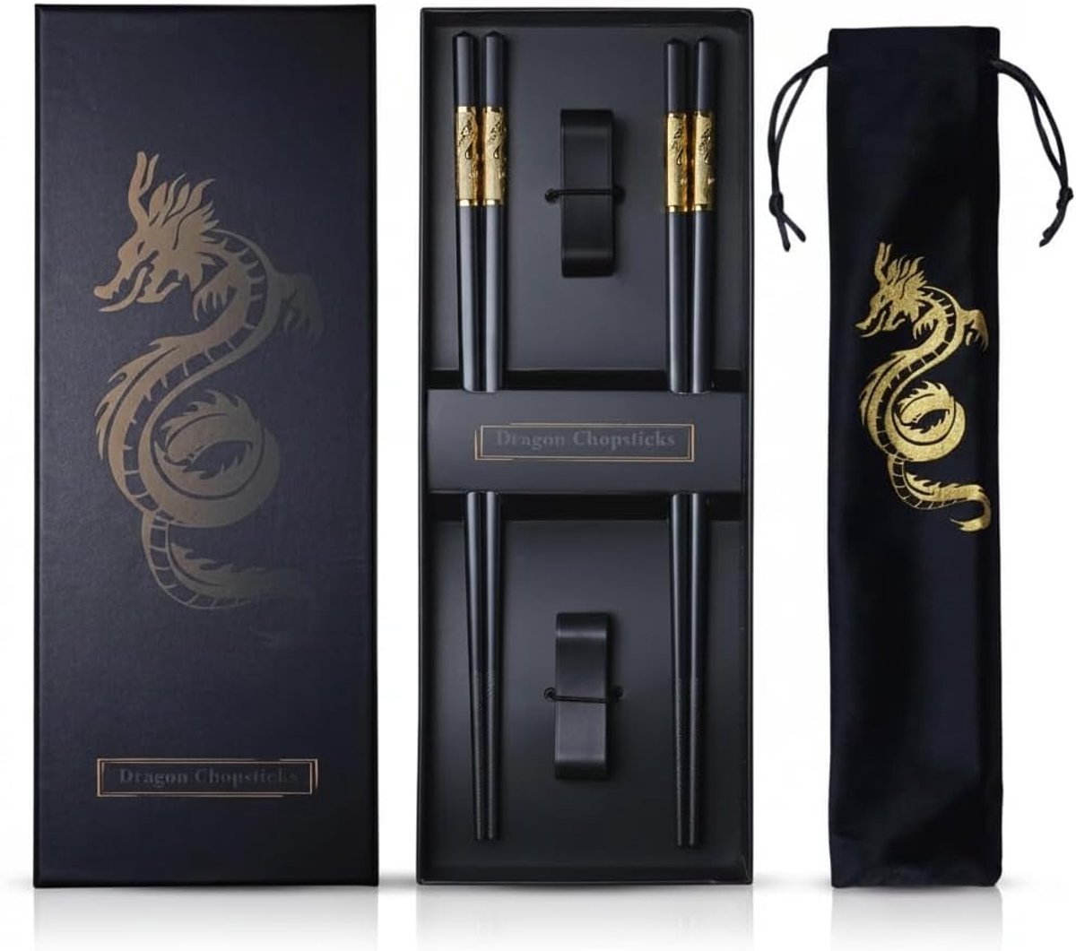 SnelShoppen - Youda Gold Dragon Chopsticks Set - Premium Herbruikbare Metalen Eetstokjes met Houder & Cadeauzak, Traditioneel Chinees Ontwerp, Vaatwas