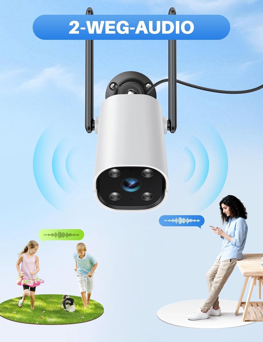 SnelShoppen - 2K Beveiligingscamera Buiten 2-Pack met Nachtzicht, AI Beweging Detectie, IP65 Waterdicht, Sirene Alarm, 2-Weg Audio, Compatibel met Ale