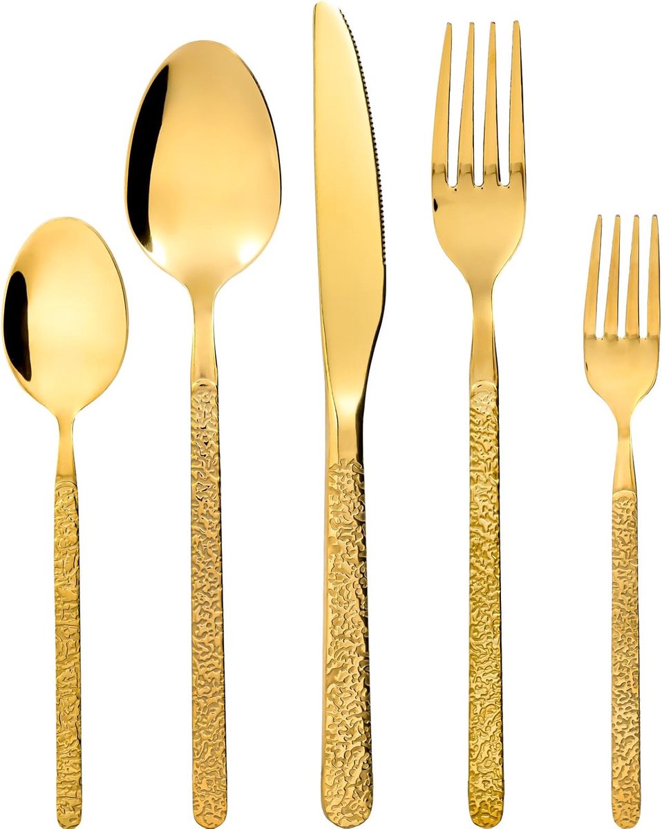 SnelShoppen - Gouden Bestekset voor 12 Personen, 60-delige RVS Bestekset met Messen, Vorken en Lepels, Vintage Design, Vaatwasserbestendig