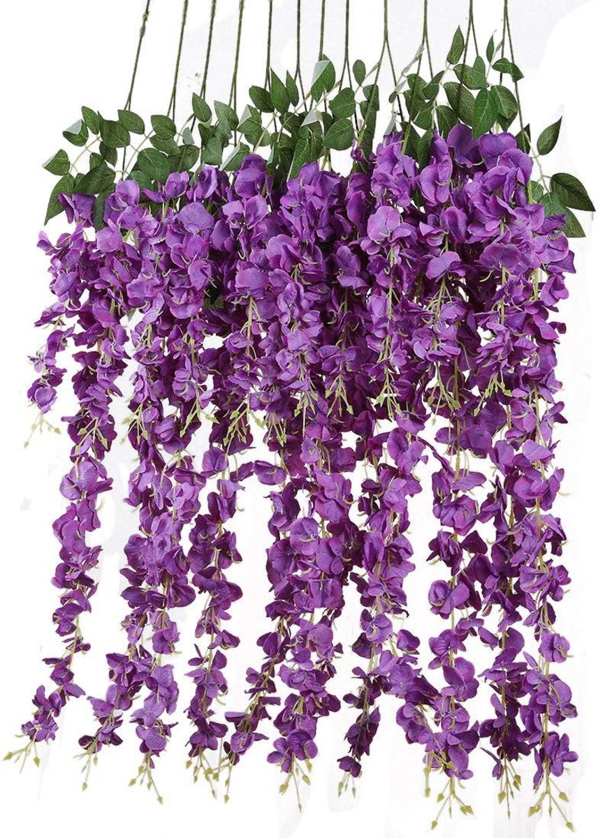 SnelShoppen - 6 Stuks 100cm Nep Wisteria Klimop Bloemen Kunstbloemen voor Bruiloft Decoraties, Tuin en Feest (Paars)