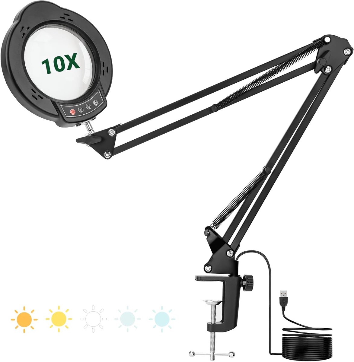 SnelShoppen - Vergrootglas met Licht en Stand, 10x LED Vergrootlamp met Grote Zwenkarm, 5 Kleurmodi, 10 Traploos Dimbaar, 2-in-1 Klem Vergrootglas voo