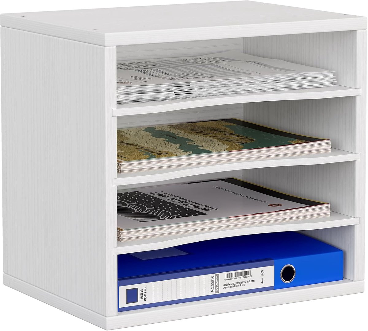 SnelShoppen - Houten Bureau Organiser 4 Niveaus A4 Lades, Documenthouder, Bestanden Organizer, Tijdschriftenhouder, Wit, Duurzaam en Stijlvol voor Thu