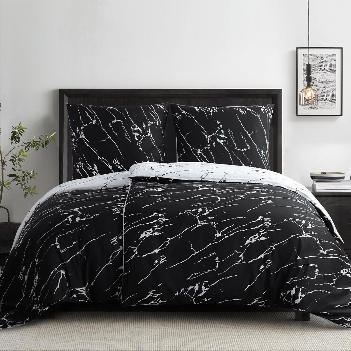 SnelShoppen - RUIKASI Dekbedovertrek 135 x 200 cm - 4-delige set - Zwart met Marmerpatroon - Microvezel Beddengoed - Katoenachtige Zachte Sluiting met