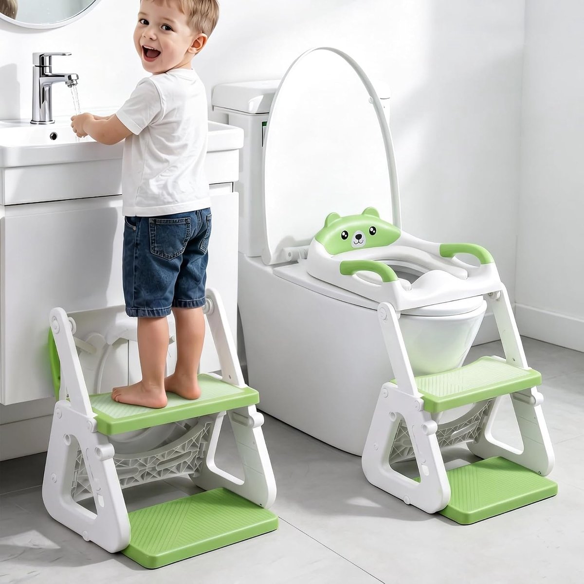 SnelShoppen - Verstelbare Kindertoiletbril met Trap, Stabiele Toilettraining Seat met Voetsteun, Uitgebreid Pedal & Spatbescherming, Waterdicht PVC Ku