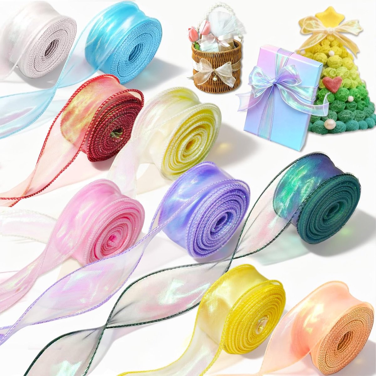 SnelShoppen - 9 Rollen Organza Ribbons Set (40mm x 9m) - Glitterende Chiffon Ribbons voor Cadeaus, Trouwen, Decoratie en Creatief Knutselen - 9 Kleure