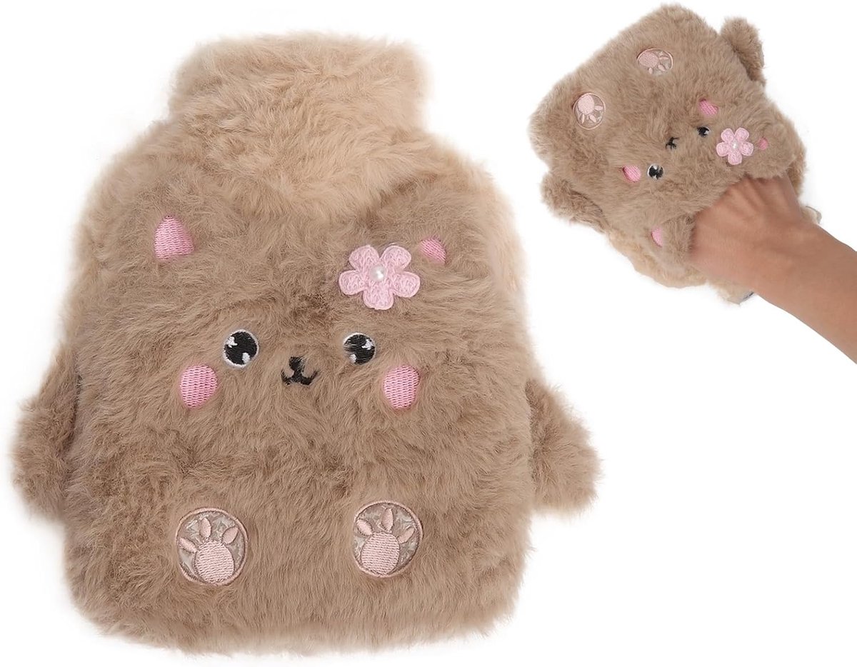 SnelShoppen - Kinderen Warmwaterkruik 400 ml met Knuffelzachte Cover, Dieren Warmwaterfles voor Pijnverlichting Buik, Rug, Benen, Hittefles Beer Plush