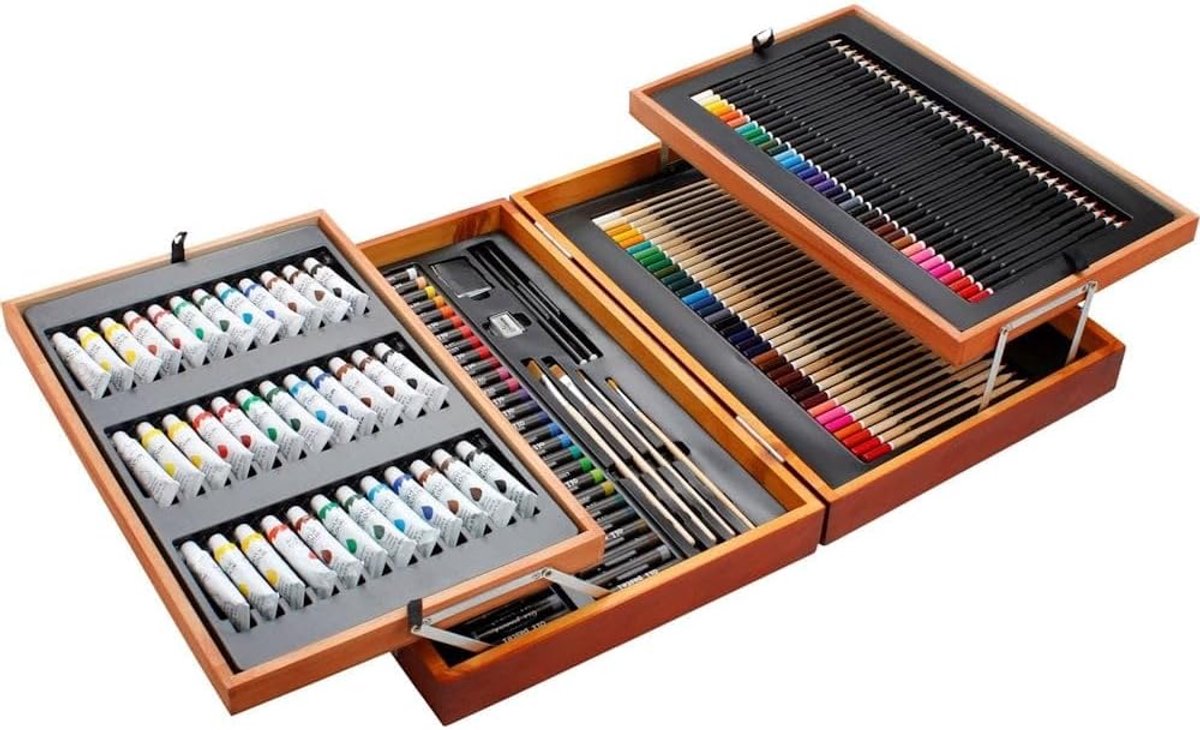 SnelShoppen - Luxe XL 174-delig Houten Verfset - Complete Schilder- en Tekenbox - Waterverf Set - Tekenmateriaal - Perfect voor Beginners en Professio