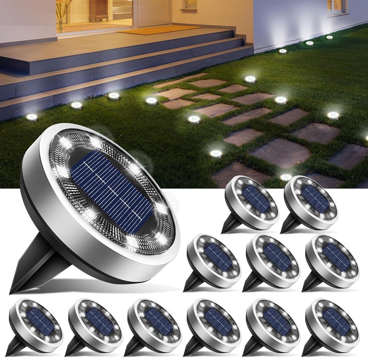 SnelShoppen - Set van 12 Solar Tuinverlichting - 8 LED Waterdichte Buitenlampen voor Tuin, Pad, Oprit, Terras, Zwembad - Koud Witte Solar Lampen voor