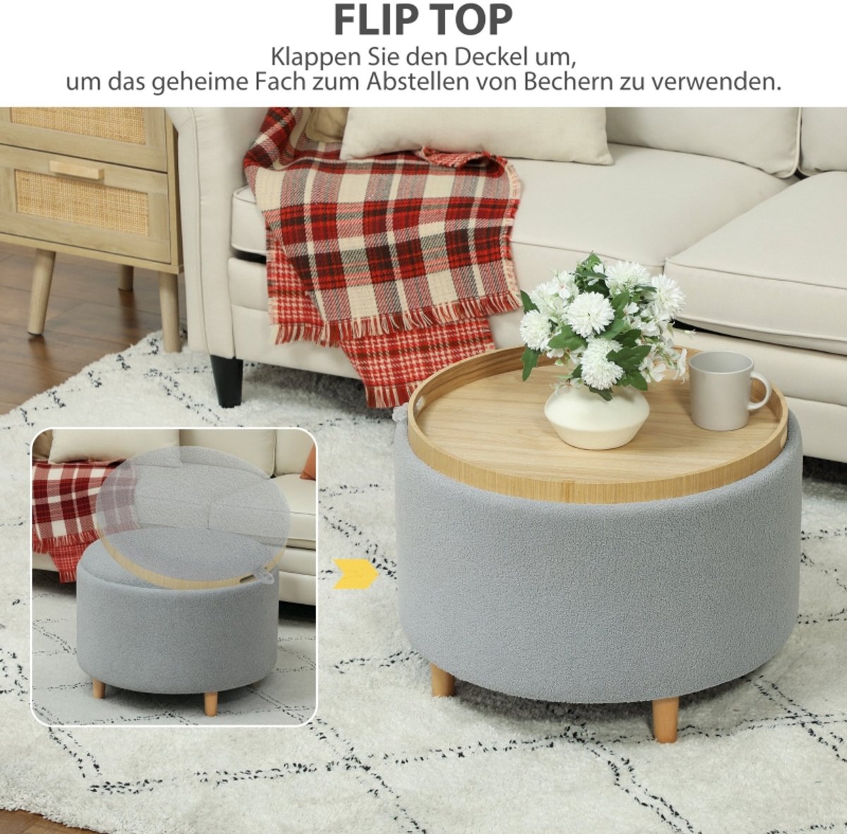 FloraGrace Hocker 56 x 56 x 42 cm - Met Verborgen Opbergruimte En Omkeerbaar Deksel - Voor Woonkamer Of Hal - Polyester - Grijs