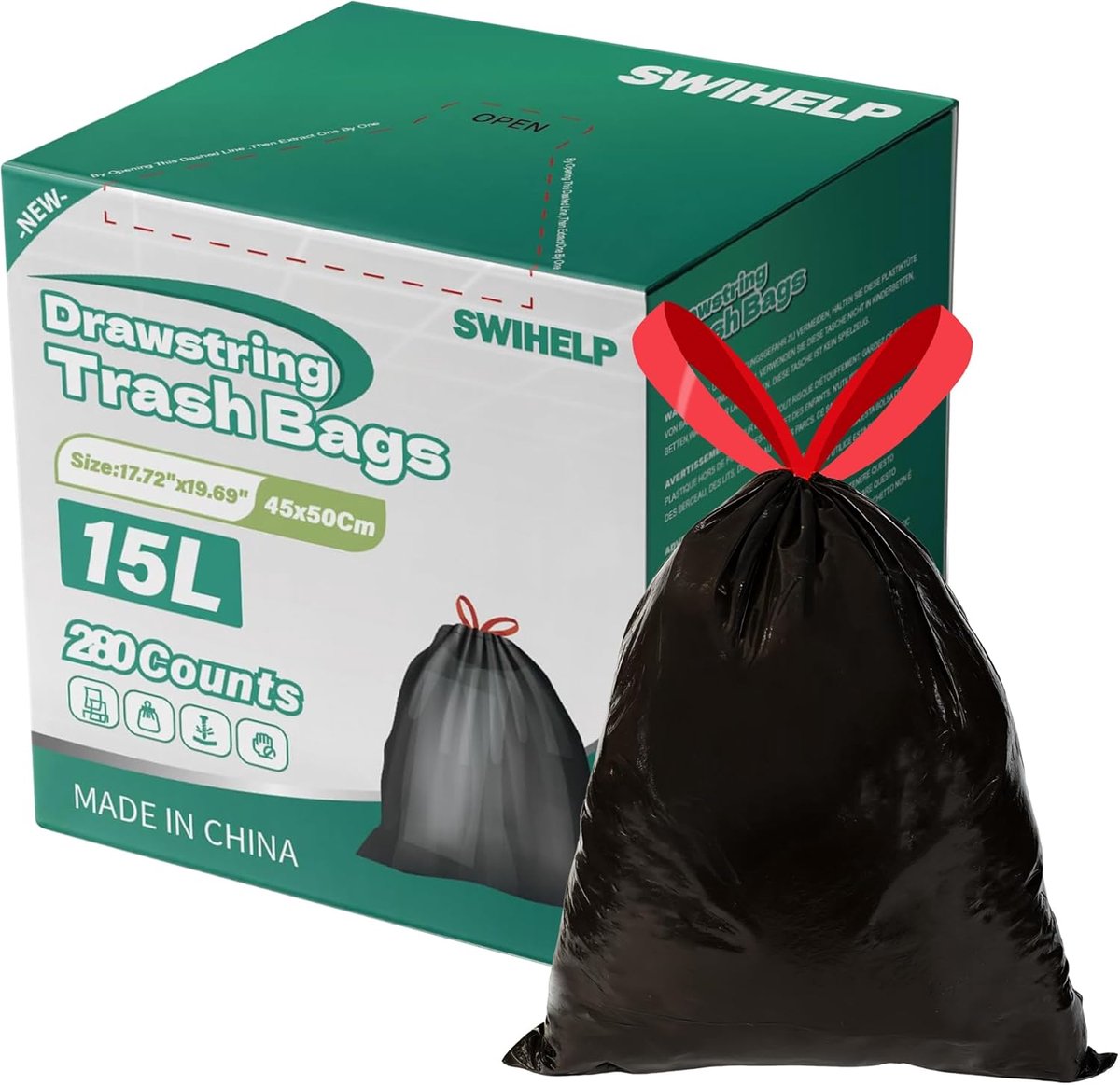 SnelShoppen - Trekkoord Vuilniszakken 280 Telt - 15 Liter Plastic Prullenbak Liners - Afvalmand Bin Liners voor Keuken, Tuin en Camping